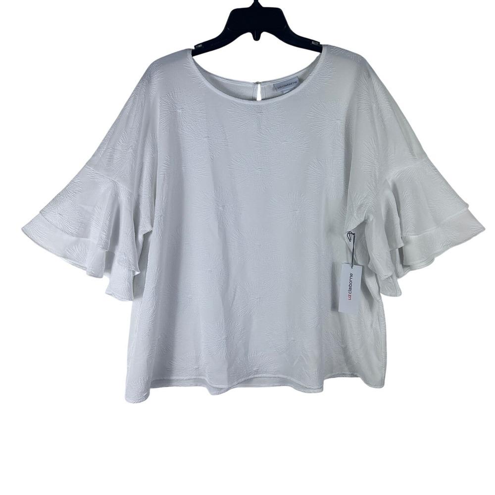 Liz Claiborne Women's White Textured Floral Flutter Sleeve Top XL NEW